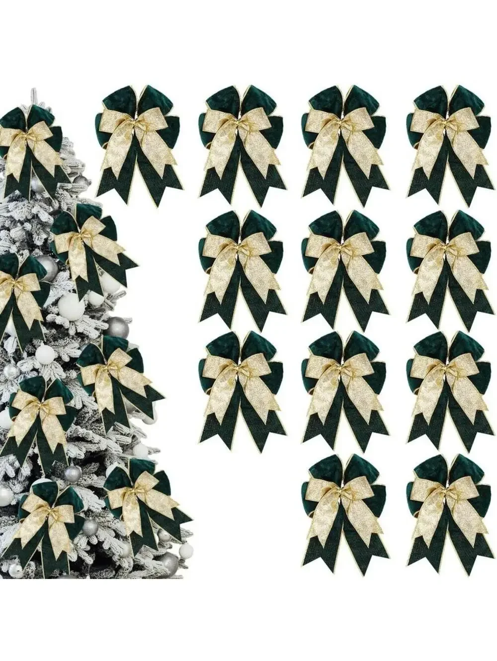 12 Pack Velvet Christmas Tree Bows Ornaments 6.3 x 9.5 Inch Double Layer Green